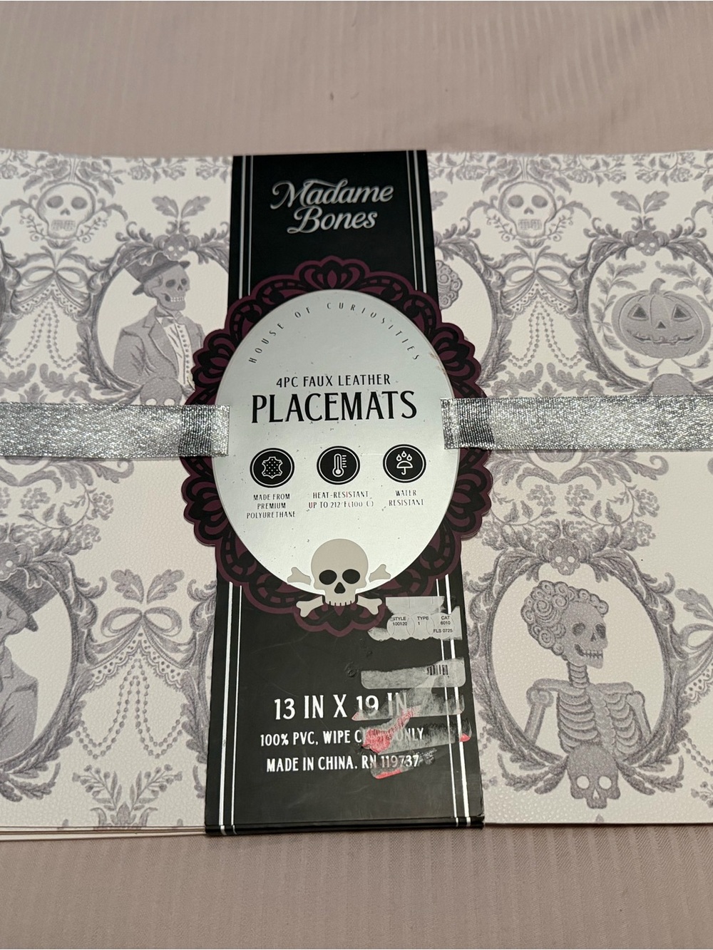 Madame Bones Halloween Skeleton Faux Leather Placemats Set of 4 Gothic
